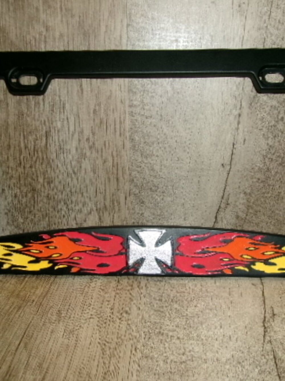 Bell 3D Die-Cast Metal Motorcycle License Plate Frame – Iron Cross & Flames